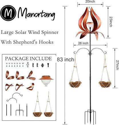 Solar Wind Spinner Outdoor Metal 83 Inch Windmill for Yard Garden Patio Decor Metal Yard Art Garden Art Easter Outdoor Decors Large Landscape Light with Shepherd Hooks Coconut Baskets