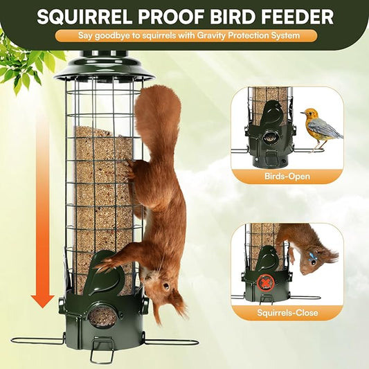 Squirrel Proof Bird Feeder,Outdoors Hanging Gravity Protection Squirrel-Proof Mesh Metal Bird Feeders,Easy Cleaning,3LB Capacity Outside Wild Birdfeeders with Finch Cardinal Chickadee-Green