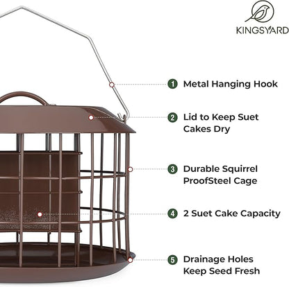 Kingsyard Squirrel Proof Suet Feeder, Cage Bird Feeders for Outdoors Hanging, All Metal, Double Suet Cake Capacity, Tray & Weatherproof, Brown