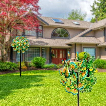 Peacock Wind Spinners Outdoor,13” Metal Wind Spinner Garden Pinwheels,360°Peacock Wind Sculptures & Spinners,Kinetic Wind Spinners for Yard and Garden(13.8”W X 64.2”H)