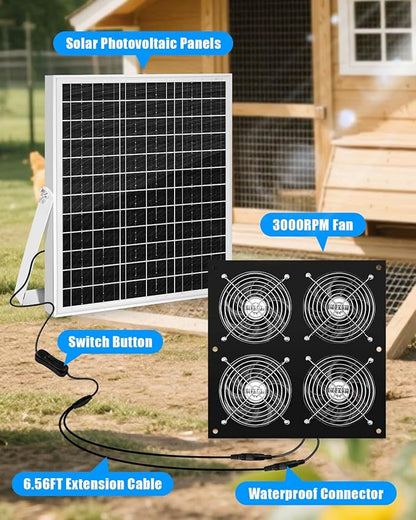 Solar Exhaust Fan for Chicken Coop with 25W Solar Panel & 4-Pack High-Speed Brushless DC Fans, Solar Powerd Shed Ventilation Fan for Chicken Coops, Greenhouses, Sheds, Pet Houses