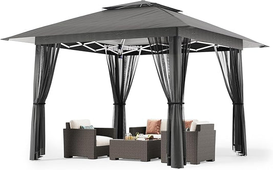Bealife 13x13 Pop Up Gazebo Tent with Mosquito Netting, Outoor Canopy Tent with 4 Sandbags, 8 Stakes, 4 Ropes, Roller Bag, Pop Up Canopy for Lawn Backyard Garden Deck (Grey, 13x13)