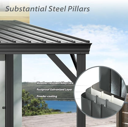 Domi 8'x8' Lean to Gazebo Hardtop, Expandable Wall Mounted Pergola with Gutters & Galvanized Steel Roof, 60MPH Wind Resistance, Outdoor Metal Heavy Duty Metal Awning for Patio, Deck, Backyard - Grey