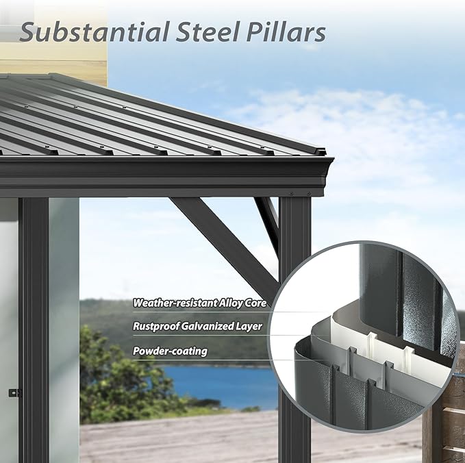 Domi 10'x14' Hardtop Wall Mounted Gazebo, Expandable Lean to Gazebo Pergola with Gutters & Galvanized Steel Roof, 60MPH Wind Resistance Outdoor Heavy Duty Canopy Sun Shade for Patio, Backyard - Grey