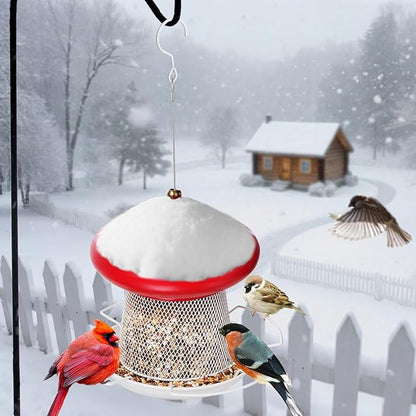 Bird Feeder, Heavy Duty Metal Bird Feeders for Outdoor Hanging, Cute Mushroom Shape 3.5 LB Large Capacity Wild Birdfeeder for Outside Garden Yard (Red)