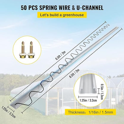 VEVOR Greenhouse Spring Wire and Lock Channel 50 Packs, 6.56 ft PE Coated Aluminum Alloy Bundle Kit, Plastic Poly Film or Shade Cloth Attachment w/Screws, Silver
