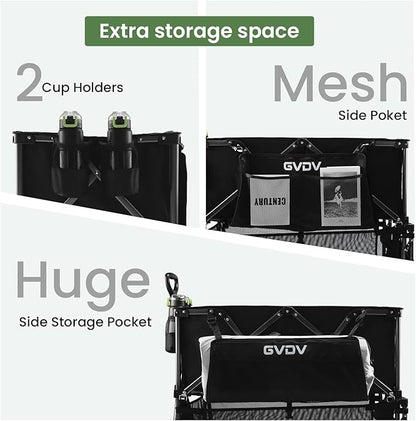 GVDV Double Decker Wagon 500LB Capacity & 400L Collapsible Carts with All-Terrain Wheels, 46" Extra Long Extender Cart with Nylon Netting, Foldable Wagon for Beach Camping Garden Sports