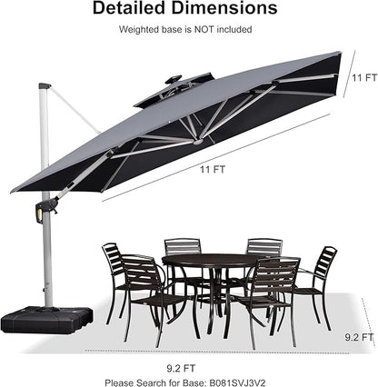 PURPLE LEAF 11 Feet Double Top Deluxe Solar Powered LED Square Patio Umbrella Offset Hanging Umbrella Outdoor Market Umbrella Garden Umbrella, Grey