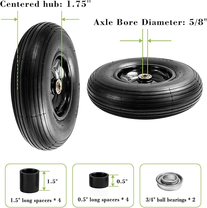 Parts Camp 13" Wheelbarrow Tires and Wheels 4.00-6 Pneumatic Tires with 5/8"&3/4" Bore Hole and 1.75" Centered Hub Wheelbarrow Tire Fit Wheelbarrows/Wagons/Dolly/Trolley/Hand truck(2 Pack)