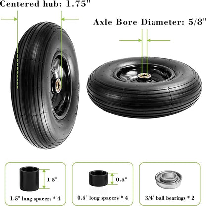 Parts Camp 13" Wheelbarrow Tires and Wheels 4.00-6 Pneumatic Tires with 5/8"&3/4" Bore Hole and 1.75" Centered Hub Wheelbarrow Tire Fit Wheelbarrows/Wagons/Dolly/Trolley/Hand truck(2 Pack)