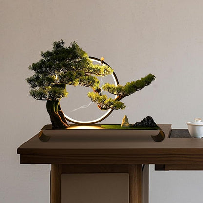 Artificial Bonsai Pine Tree Faux Realistic Simulation Bonsai with LED Lamp Ring Fake Plants Desk Table Decor for Home Office Indoor