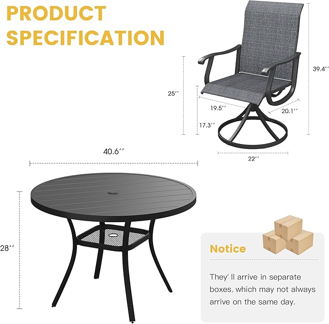 VICLLAX Patio Dining Set for 4, 5 Pieces Outdoor Furniture Includes 40.6" Round Patio Table with Umbrella Hole and 4 Outdoor Swivel Chairs for Lawn Garden, Black Table and Dark Grey Chairs
