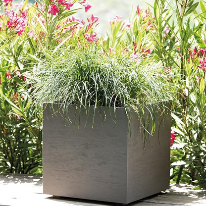 Deroma Gravity 15” Cube Planter | Light & Durable Plastic | Indoor or Outdoor Square Pot for Patio/Porch | Includes Water Reserve & Drain Plug | Trendy Planter for Plants, Flowers, Garden | Sandstone