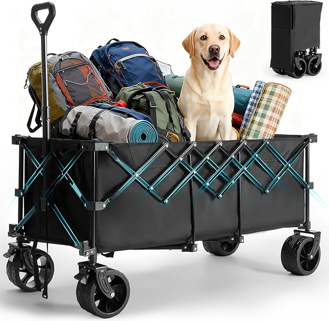 OLIXIS Collapsible Wagon Cart - 440lbs Foldable Extra Long Heavy Duty Utility Wagon with Wheels, Portable Storage Grocery Cart for Camping, Shopping, Sports, Beach, Garden (Black, 48" L)