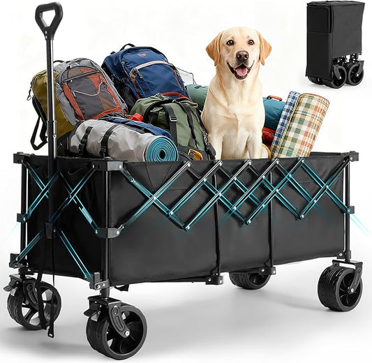 OLIXIS Collapsible Wagon Cart - 440lbs Foldable Extra Long Heavy Duty Utility Wagon with Wheels, Portable Storage Grocery Cart for Camping, Shopping, Sports, Beach, Garden (Black, 48" L)
