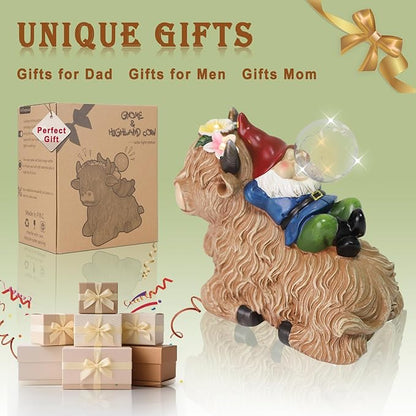 Solar Highland Cow Gnome Garden Decor Statue, Outdoor Funny Solar Light Decoration for Yard, Patio, Lawn, Unique Housewarming, Birthday Gift for Women, Mom, Grandma