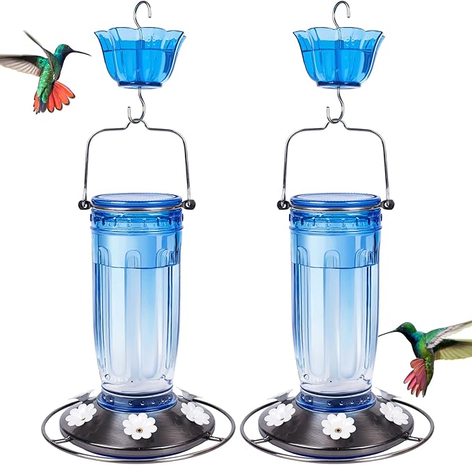Kingsyard 2 Pack Glass Hummingbird Feeder for Outdoors, 16 Oz Wild Bird Feeder with 6 Feeding Ports Hanging for Garden Yard, Blue (Ant Moat Included)