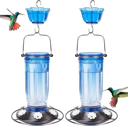 Kingsyard 2 Pack Glass Hummingbird Feeder for Outdoors, 16 Oz Wild Bird Feeder with 6 Feeding Ports Hanging for Garden Yard, Blue (Ant Moat Included)