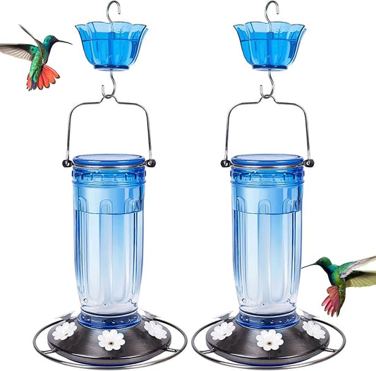 Kingsyard 2 Pack Glass Hummingbird Feeder for Outdoors, 16 Oz Wild Bird Feeder with 6 Feeding Ports Hanging for Garden Yard, Blue (Ant Moat Included)