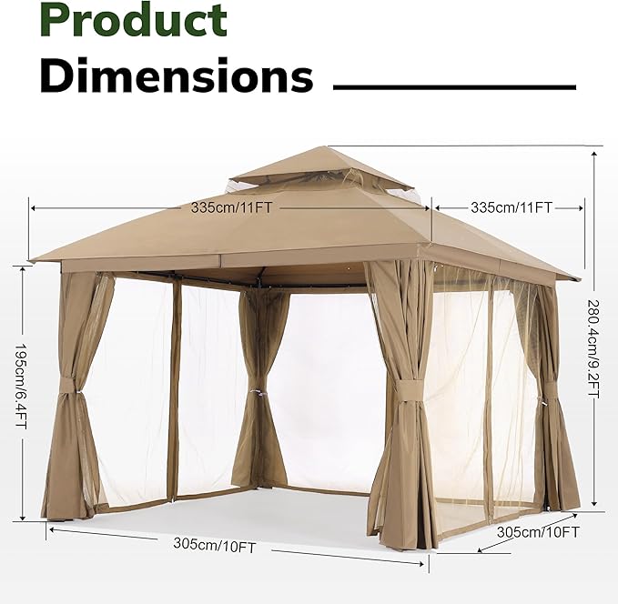 MASTERCANOPY 11'x11' Outdoor Patio Arch Gazebo with Double Roofs, Mosquito Nettings and Privacy Screens for Backyard, Garden, Lawn, Khaki