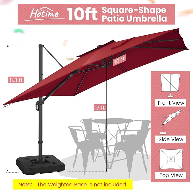 Hotime 10ft Patio Umbrella Outdoor Patio Height adjustable and Windproof, Heavy Duty Aluminum Square Offset Patio Umbrella Cantilever Pool Umbrella with 360°Rotation for Garden Deck Pool, Wine Red