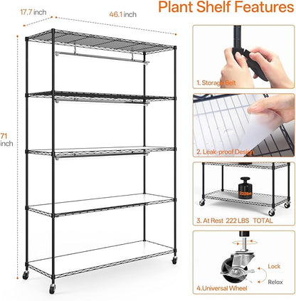 Bstrip Plant Shelf with Grow Light, 5 Tier Large Tall Plant Stand with 3FT T8 120W Grow Light for Indoor Plants, Full Spectrum LED Plant Light with wheel for Seedling, (47.2" Lx17.8 Wx71 H)
