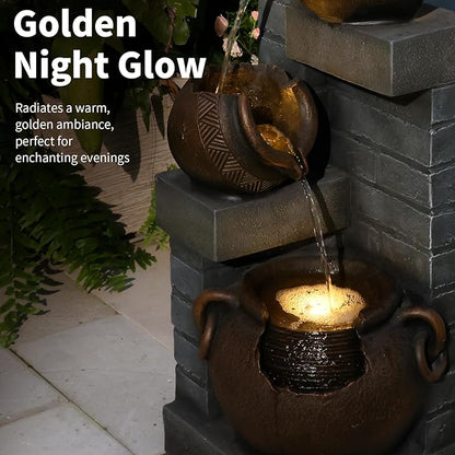 Water Fountain Outdoor 4-Tiers Cascading Realistic Bowls Waterfall Clay Pot Design Outdoor Fountain Resin Imitation Wood with LED Lights for Garden, Patio, Porch 42" H