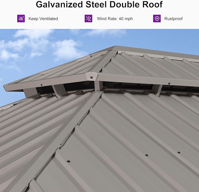 PURPLE LEAF 12' x 16' Outdoor Hardtop Gazebo, Champagne Aluminum Gazebo with Galvanized Steel Double Roof, Curtains and Netting for Patio Lawn and Garden