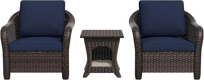 Vista Vibe Outdoor Rattan Chairs Set of 2 with with Coffee Table, All-Weather Patio Conversation Furniture Set with Washable Cushions &Hand-Woven PE Rattan, Garden, Bistro, Deck, Yard (Navy)
