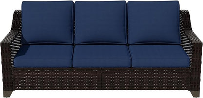 Vista Vibe 78" Patio Wicker 3-seat Sofa, Deep Seat & Upholstered Loveseat, Outdoor All-Weather Rattan Couch with Removable Cushions, Steel Frame Couch for Garden, Poolside (Brown/Navy)