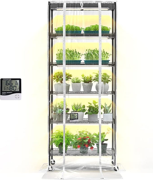 Bstrip Indoor Greenhouse with Grow Light, DIY Plant Shelf with Cover, 6 Tier Plant Stand, 5 Pack 150W Full Spectrum Grow Lights with 3 Color Mode For Indoor Plants, Seed Starting, 29.5"L×13.8"W×71"H