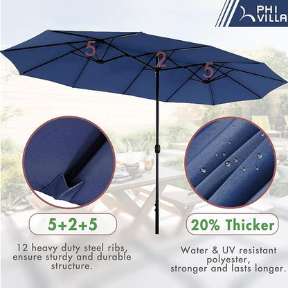 PHI VILLA Patio Dining Set 8 PCS with 13ft Double-Sided Patio Umbrella(Navy Blue)，Metal Outdoor Dining Set - 6 x Outdoor Stackable Chairs, 1 x 60"x38"Rectangle Dining Table and 1 Umbrella