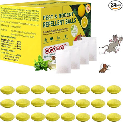 Mouse Rodent Repellent, Peppermint & Lemon Oil Mice Repellent Balls - 24 Pack Natural Rodent Deterrent for Indoor/Outdoor Use, Family & Pet Safe, Long-Lasting Insect Repellent for Home, Garden, Garage