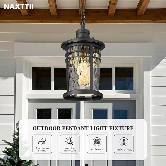 Outdoor Pendant Lights for Porch Aluminum Hanging Porch Light with Water Ripple Glass Hanging Lantern for Front Patio Gazebo Foyer or Garage
