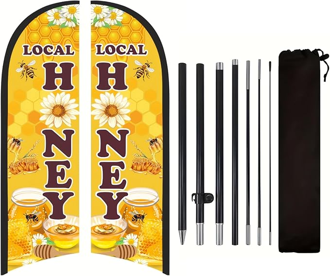 Honey for Sale Sign Feather Flag, 9.18FT Double-Sided Outdoor Advertising Swooper Banner with Pole Kit & Ground Stake – Tear-Resistant Polyester Feather Flag for Shops, Events & Promotions