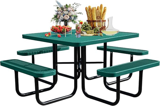 8-Person Picnic Tables for Outdoors, Industrial 46" Expanded Metal Square Picnic Table with 4 Benches & Umbrella Hole, Outside Table and Bench Set for Garden, Backyard, Porch, Patio, Green