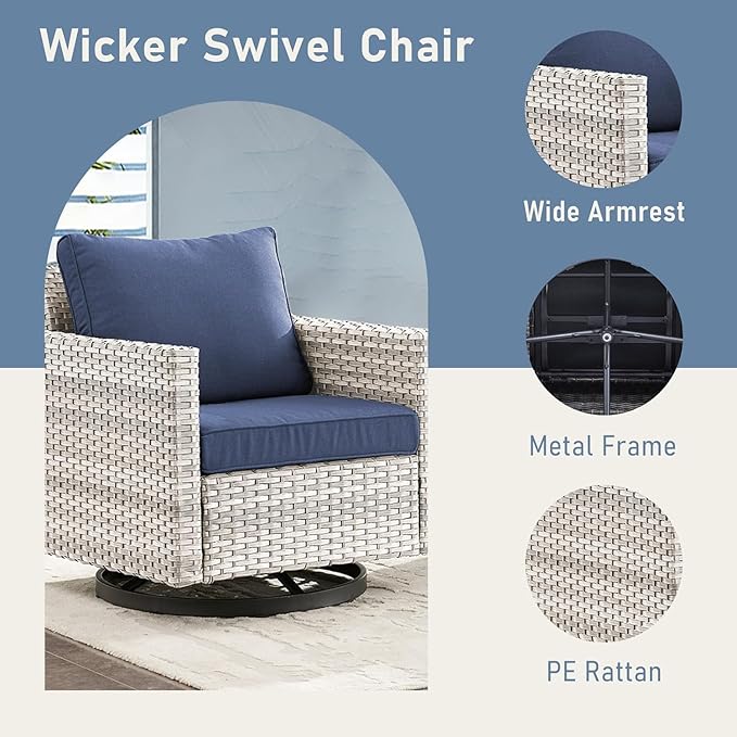 Wicker Patio Furniture Set：7 Piece Outdoor Patio Furniture Set with 2 Swivel Patio Chairs 2 Single Chairs a Coffee Table and 2 Ottomans, Light Grey Wicker/Blue Cushion