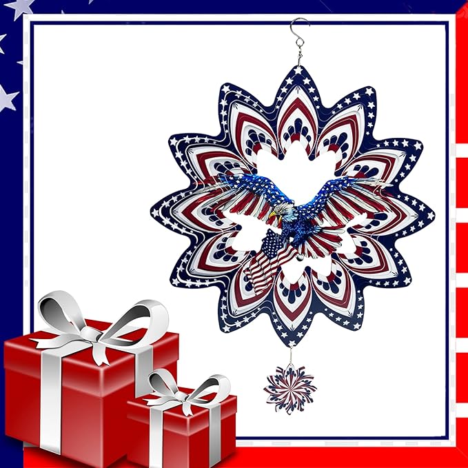 Eagle Wind Spinners for Yard and Garden,Wind Spinner Hanging,3D Metal Wind Catchers,12in American Flag Kinetic Spinner,Fourth of July Independence Day Party Decorations for Indoor Outdoor(Round)
