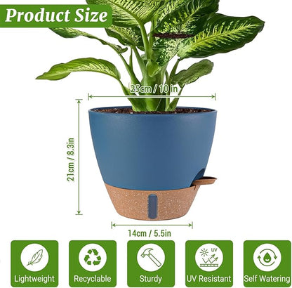 2 Pack 10 inch Plant Pots, Plastic Self Watering Planters with Drainage Holes, Deep Reservoir, Water Level Indicator, Modern Decorative Flower Pots for Indoor Outdoor Plants (Navy Blue, 10 inch)