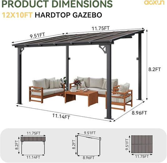 Aoxun 10' x 12' Gazebo for Patio, Gazebo Pergola with Sloped Roof, Large Wall-Mounted Heavy Duty Awnings, for Backyard, Deck, Patio (Gray Polycarbonate Panel)