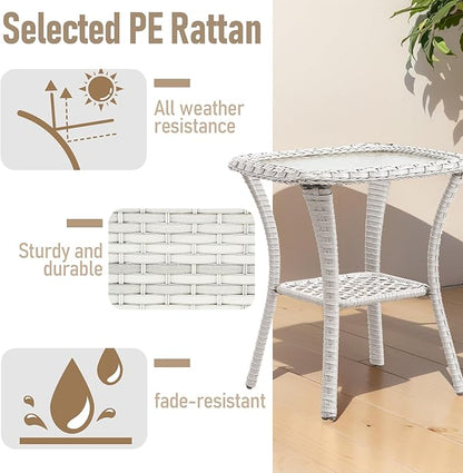 Outdoor Side Tables for Patio, Wicker/Rattan End Tables, Outdoor Wicker Side Table, Light Beige Rattan Glass Top Patio Side Table