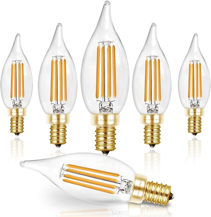 Hizashi E12 Candelabra Bulb 60 watt 2700K Soft Warm White, Dimmable E12 LED Bulb, 90+ CRI 6W 550LM, CA11 Flame Tip LED Chandelier Light Bulbs Candelabra Base, UL Listed - 6 Pack