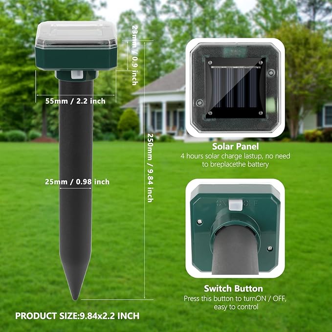 Mole Repellent Solar Powered, 8 Pack Waterproof Ultrasonic Deterrent Gopher Vole Repellent Outdoor, Repellent Rat, Squirrel, Skunk, Mole for Lawns Garden Yard
