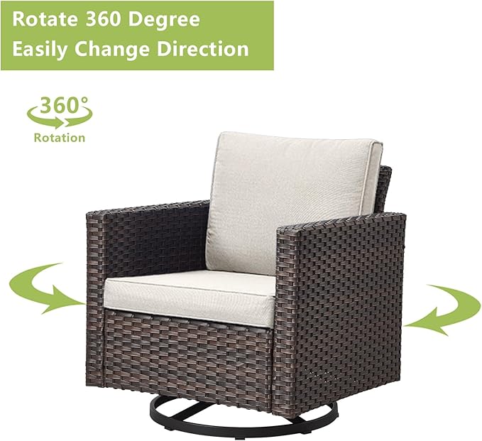 Rilyson Wicker Outdoor Patio Furniture Set - 6 Piece Patio Conversation Set with 2 Swivel Rocker Chairs,2 Rattan Ottoman,1 Couch and 1 Metal Coffee Table for Outside Porch Deck Backyard(Brown/Beige)