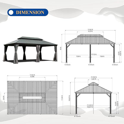 Domi 12' X 18' Hardtop Gazebo Outdoor Metal Gazebo with Galvanized Steel Double Roof Canopy, Aluminum Frame, Curtains and Netting for Patio, Deck, Garden, Grey