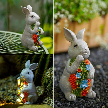 Nacome Garden Outdoor Statues Bunny with Succulent and 7 LED Lights – Lawn Decor for Patio, Balcony, Yard Ornament - Unique Housewarming Gifts