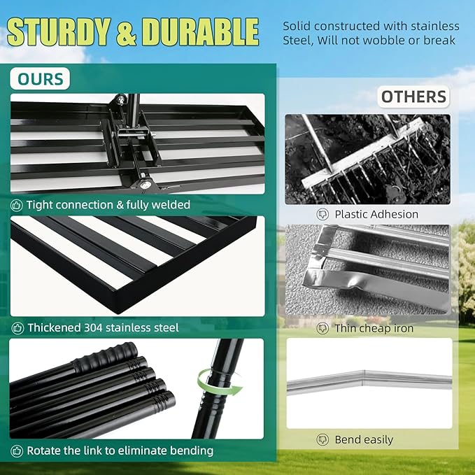 Lawn Leveling Rake 17 x 10 Inch Stainless Steel Heavy Duty Ground Leveler, Flipping-Resistant Smooth Edge, Adjustable Handle 28–60 Inches for Backyard Landscape, Garden, Golf Course, Farm, Pasture.