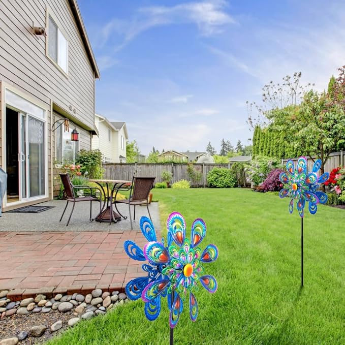 Peacock Wind Spinner, 21" Dia Large Kinetic Wind Sculptures & Spinners Outdoor, 68 Inch Tall Metal Windmill for Garden Yard Decor