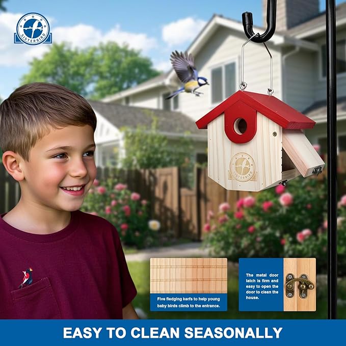 Wren Bird Houses for Outside Cedar Hanging Birdhouses for Outdoors 1-1/8" Entrance Hole Bird Houses for Outside Clearance Wooden Nesting Box Chickadee Predator Guard, Red