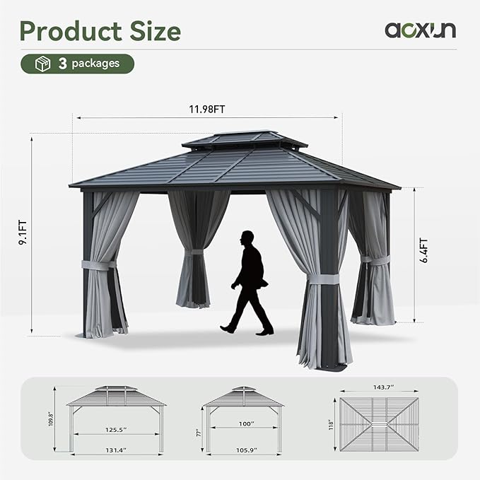 Aoxun 10'x 12' Hardtop Gazebo, Outdoor Dual-Layer Galvanized Steel Double Roof Aluminum Furniture Gazebo Canopy with Netting and Curtains for Deck Backyard Wedding Garden